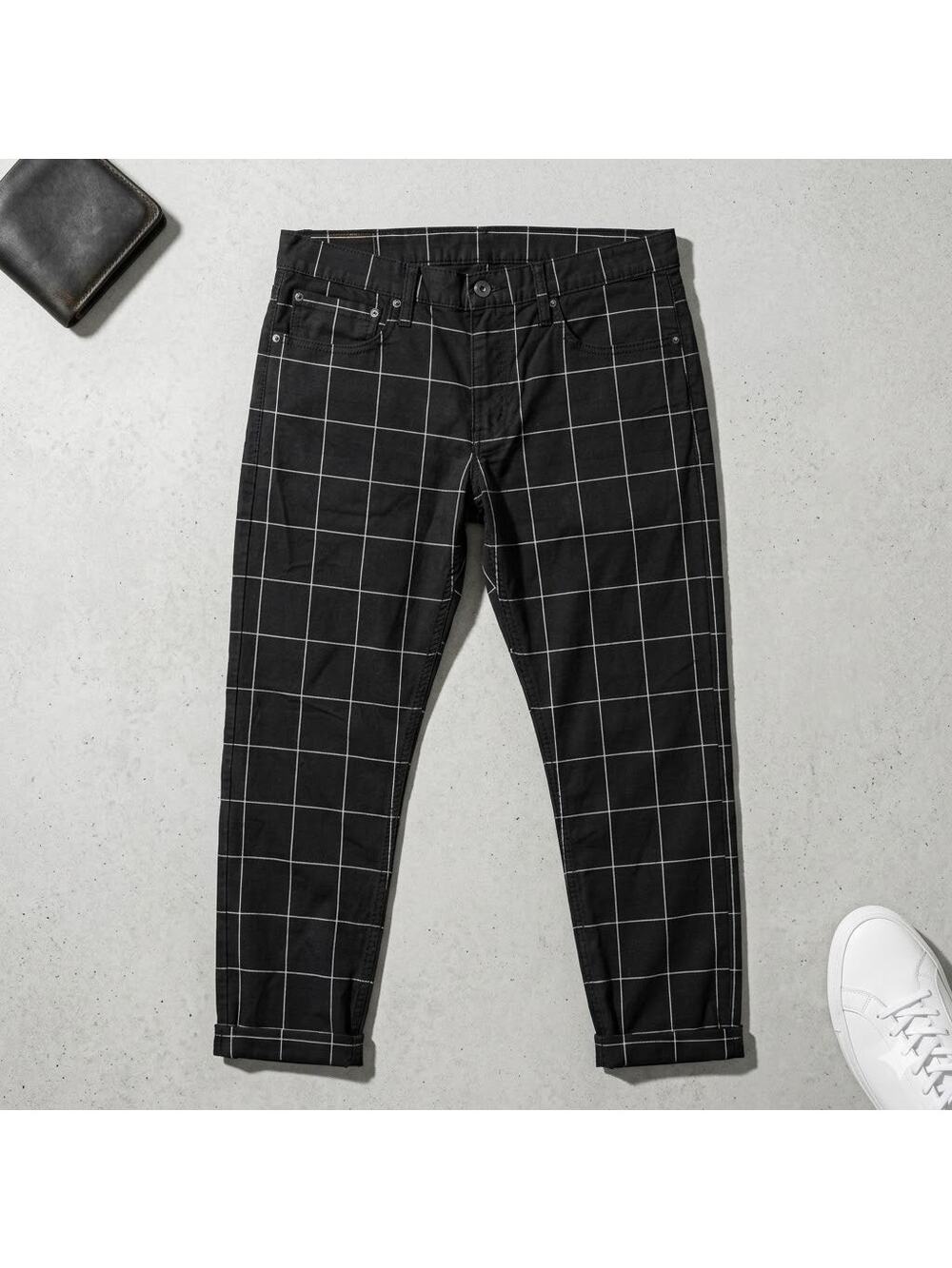 Levi's 502 Regular Taper Pants Men's 36x32 Black Windowpane Plaid Check Twill